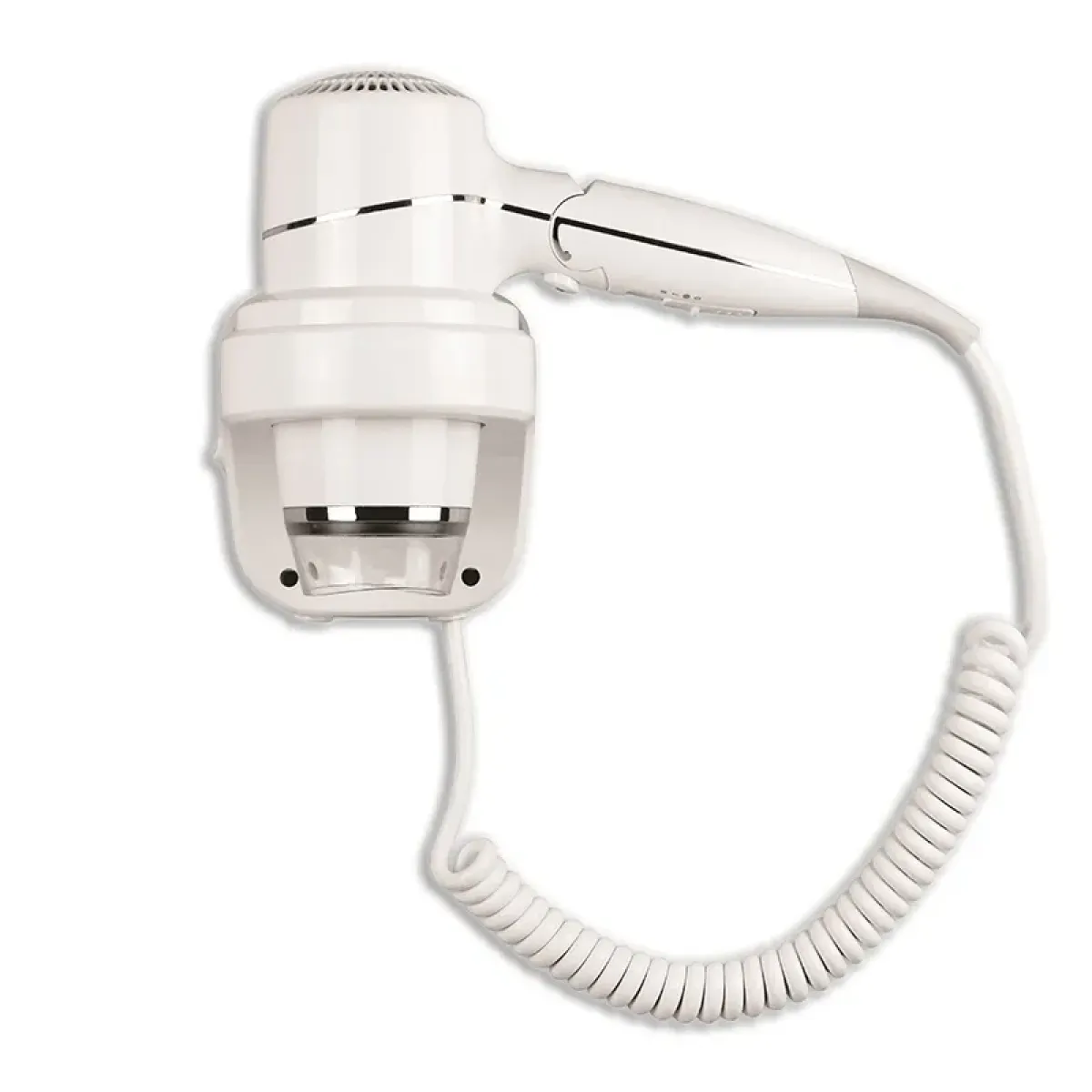 Luxury Hair Dryer with Foldable Handle and Wall Mounted Base in Chrome Finish Front View by Luxury Group International