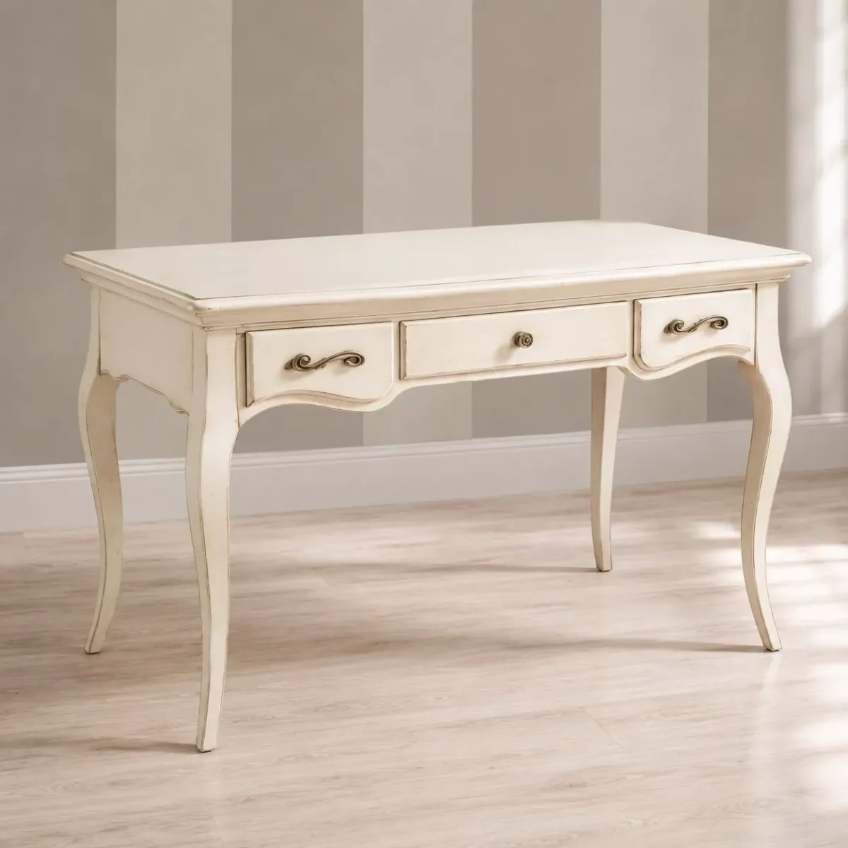 Luxury Ivory Finish Wooden Writing Desk with Three Drawer Storage Front View by Luxury Group International