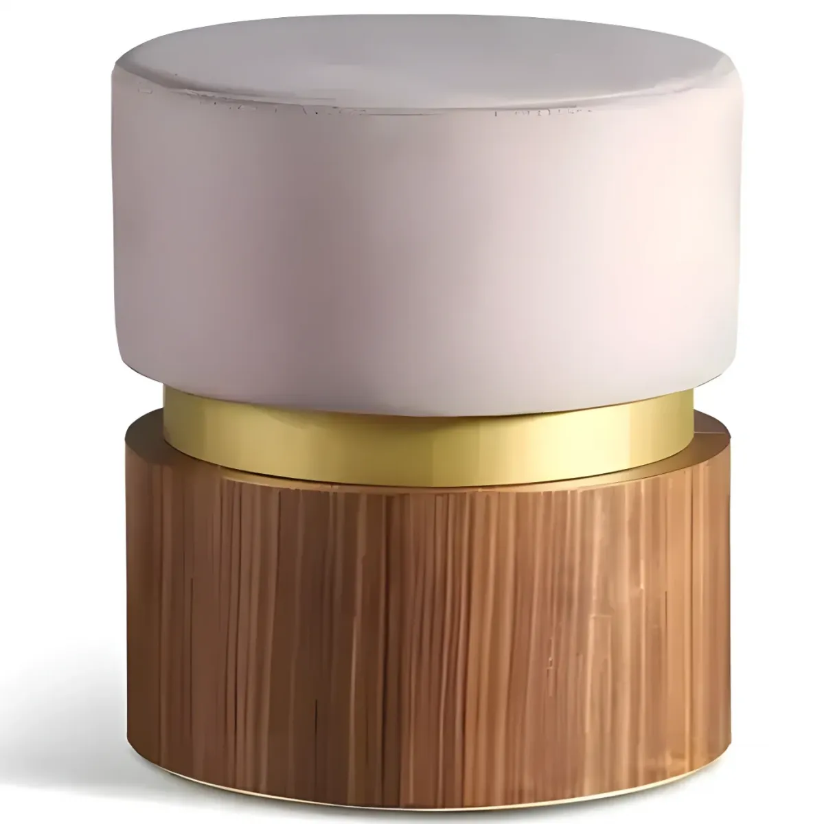 Luxury Light Taupe Upholstered Stool with Walnut Finish Base & Gold Accent Ring Front View by Luxury Group International