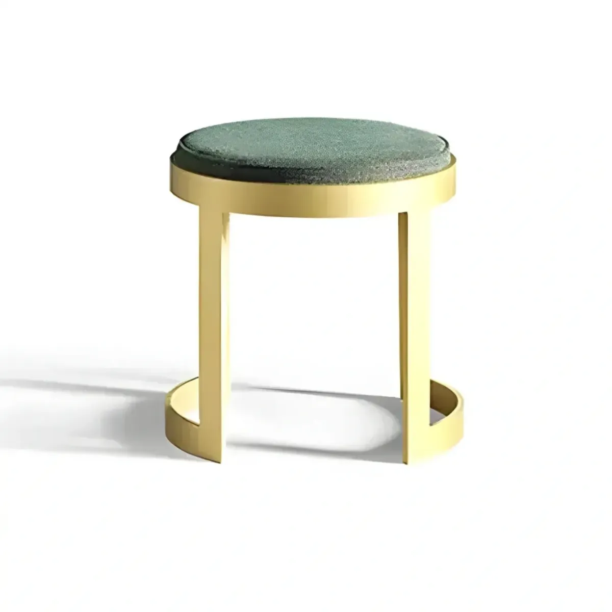 Luxury Modern Minimalist Round Stool in Light Gold Matte Metal with Dark Green Seat Front View by Luxury Group International