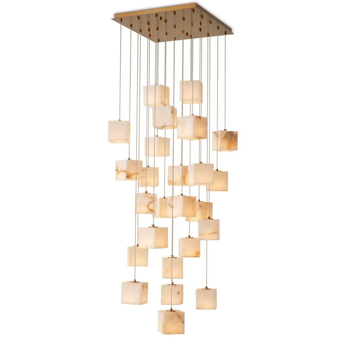 Luxus Multi-Cube Alabaster-Kaskaden-Kronleuchter mit gebürstetem Messing-Aufhängungsdesign von Luxury Group International