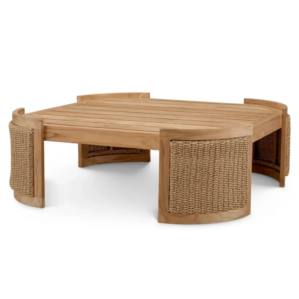 Luxury Natural Teak Outdoor Coffee Table with Faux Rattan Base 100 cm Front View by Luxury Group International