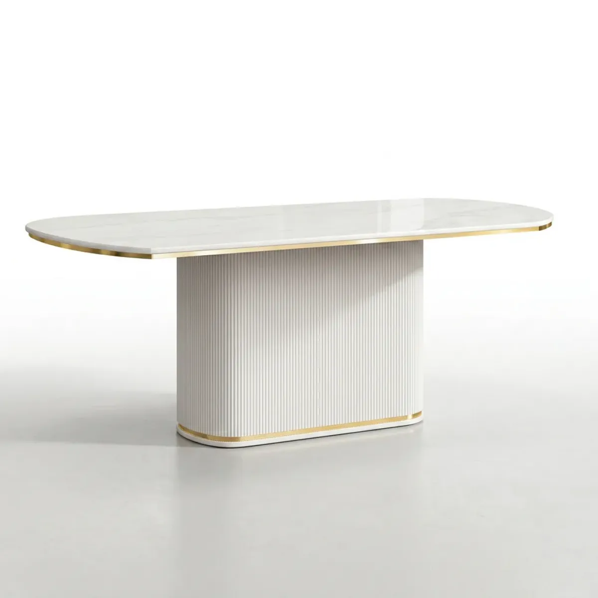 Luxury Oval Coffee Table with Fluted Pedestal Base & Marble-Effect Top in Brushed Gold Accents Front View by Luxury Group International