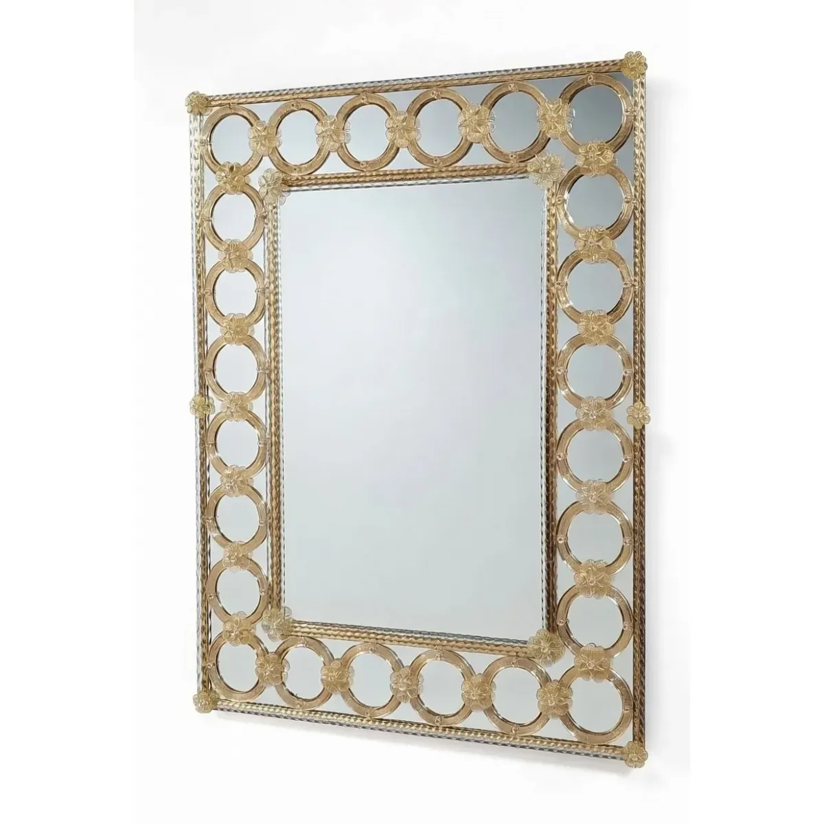 Luxury Rectangular Baroque Wall Mirror with Decorative Champagne Gold Glass Ring Frame Front View by Luxury Group International
