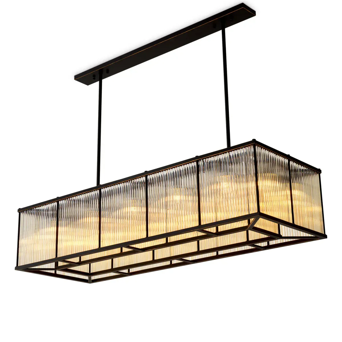 Luxus Rechteckiger Kronleuchter mit schwarzem Metallrahmen und eleganten Glaspaneelen Vorderansicht von Luxury Group International