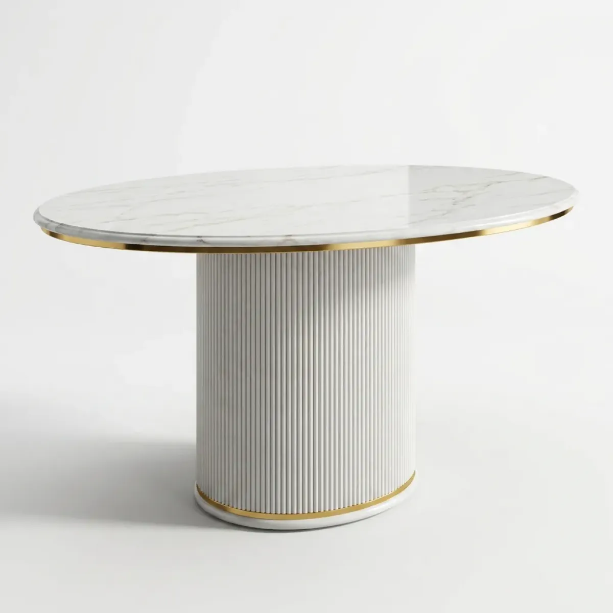 Luxury Round Coffee Table with Fluted Pedestal Base & Marble-Effect Top in Brushed Gold Finish Front View by Luxury Group International