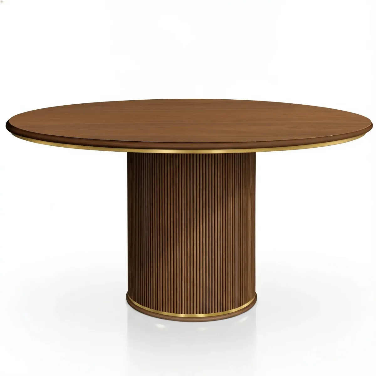 Luxury Round Wooden Coffee Table with Fluted Pedestal Base in Brushed Gold Accents Front View by Luxury Group International
