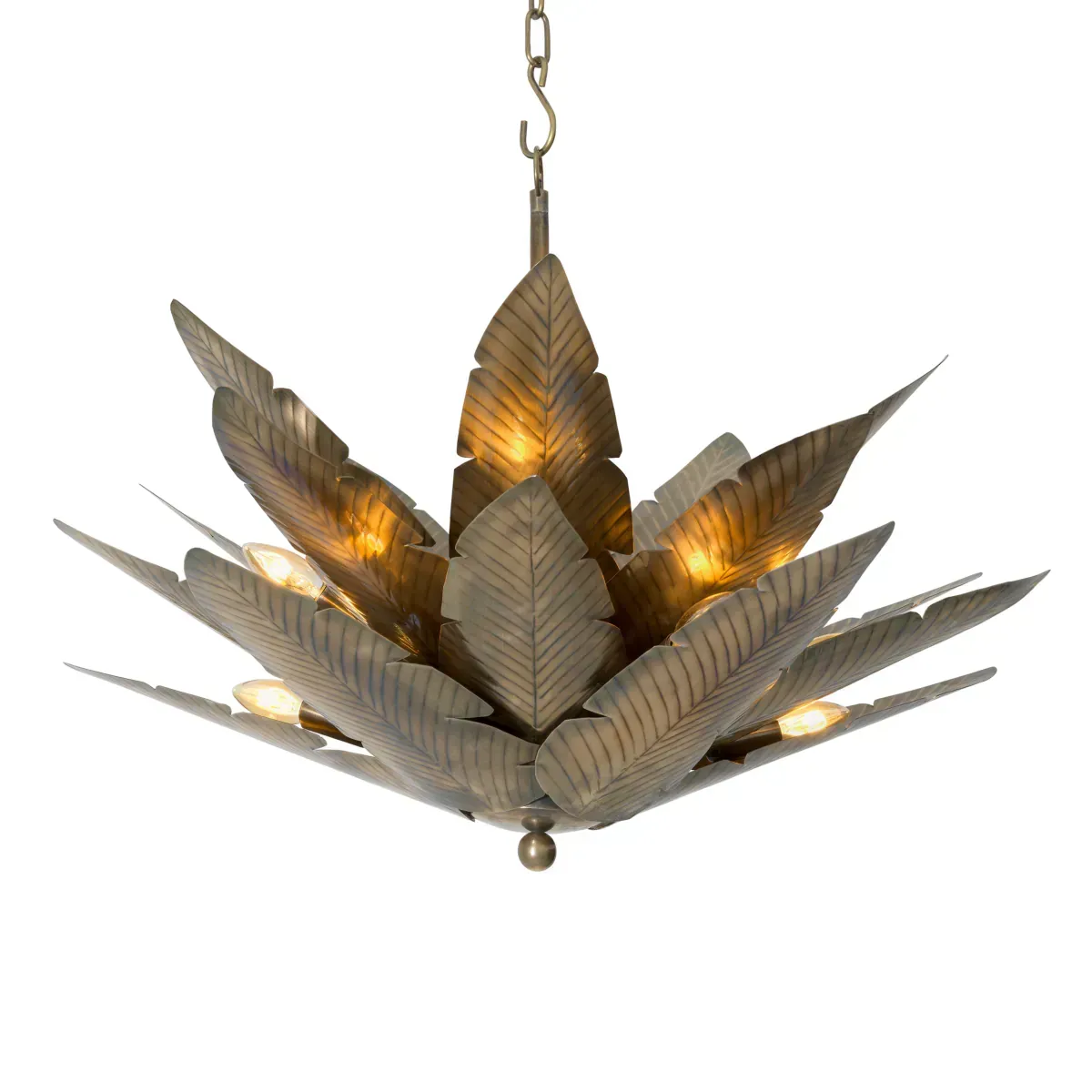 Lampadario Rustico di Lusso in Ottone Antico con Ventaglio di Foglie di Palma e Lampadine Calde di Luxury Group International
