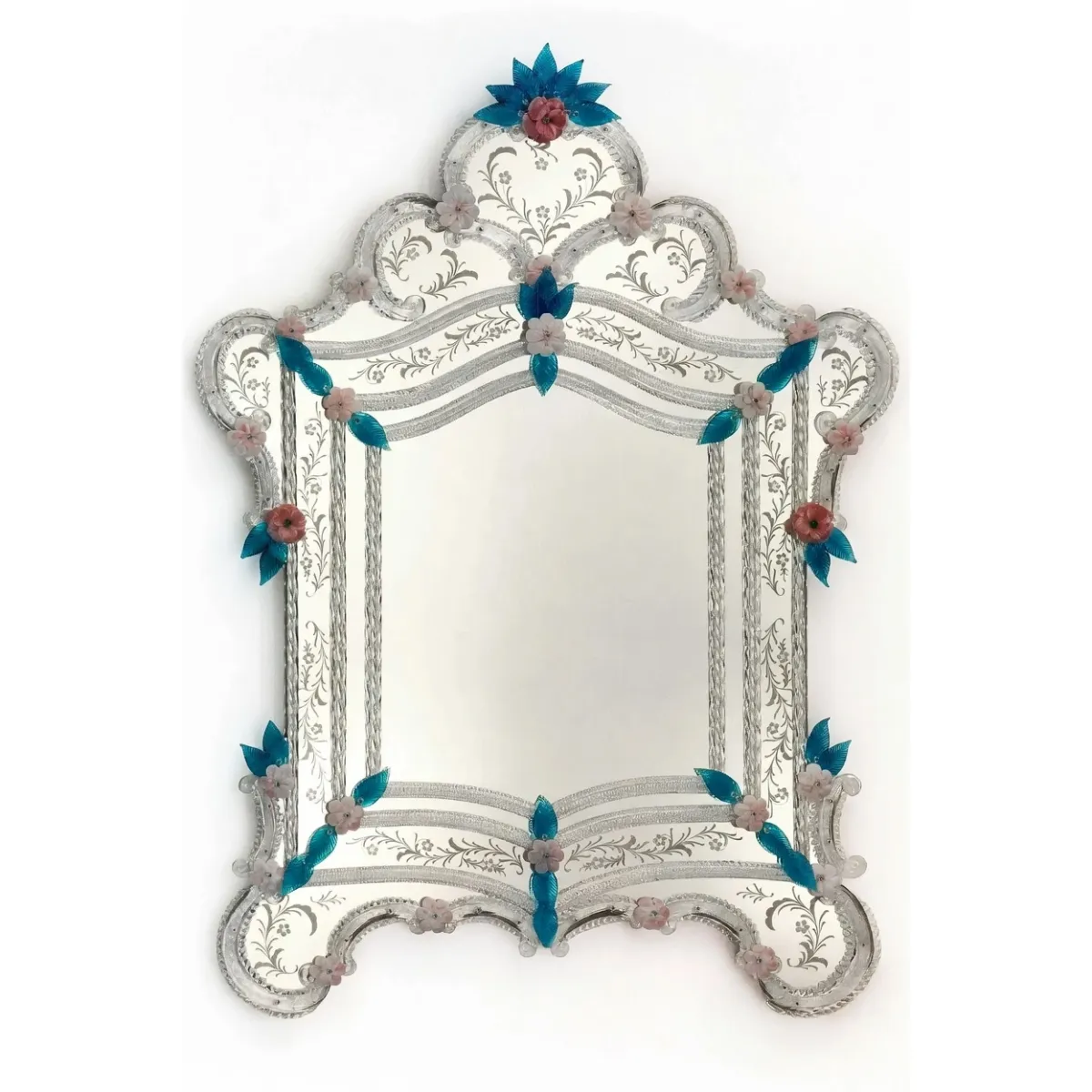 Luxury Silver Baroque Venetian Style Floral Glass Wall Mirror with Blue Leaf & Pink Flower Accents Front View by Luxury Group International
