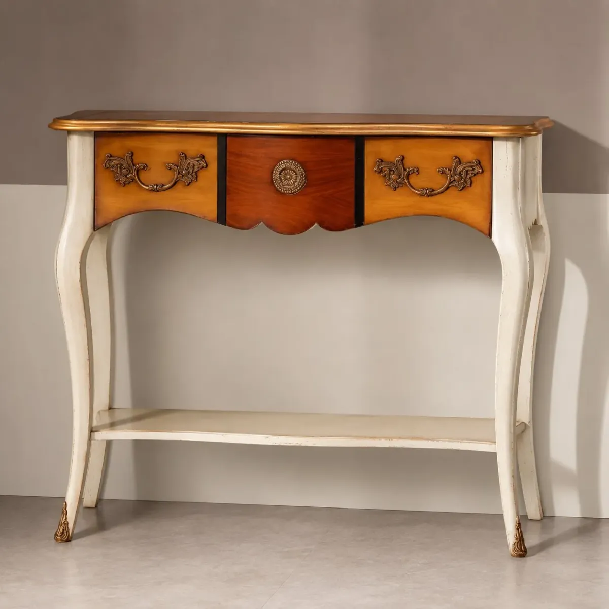 Luxury Two-Tone Baroque Console Table with Decorative Drawer Front & Lower Shelf Storage Front View by Luxury Group International
