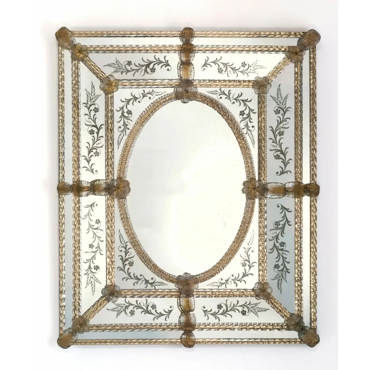 Luxury Venetian Baroque Glass Wall Mirror with Oval Centre and Hand-Etched Floral Frame Front View by Luxury Group International