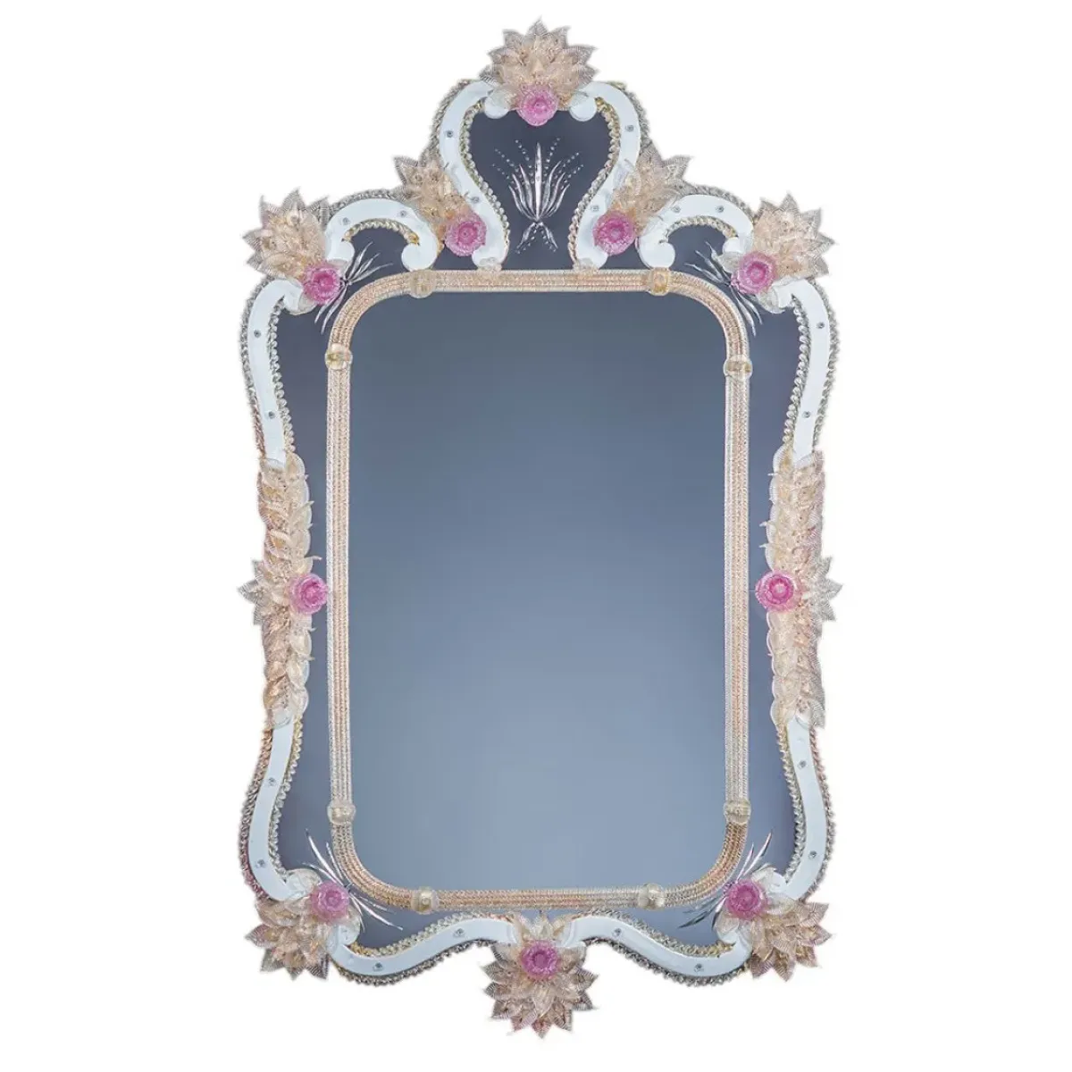 Miroir Mural Baroque Vénitien de Luxe avec Accents Floraux Roses & Couronne en Cadre Verre Ivoire Doré Vue de face par Luxury Group International