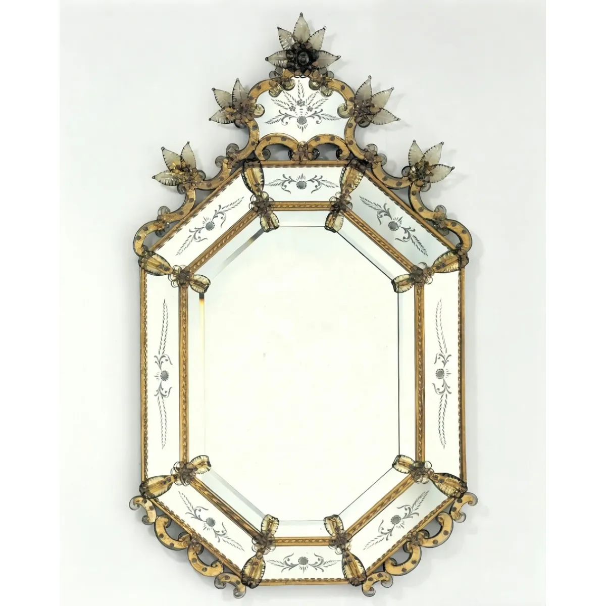 Luxury Venetian Style Baroque Wall Mirror with Antique Gold Etched Glass Frame Front View by Luxury Group International