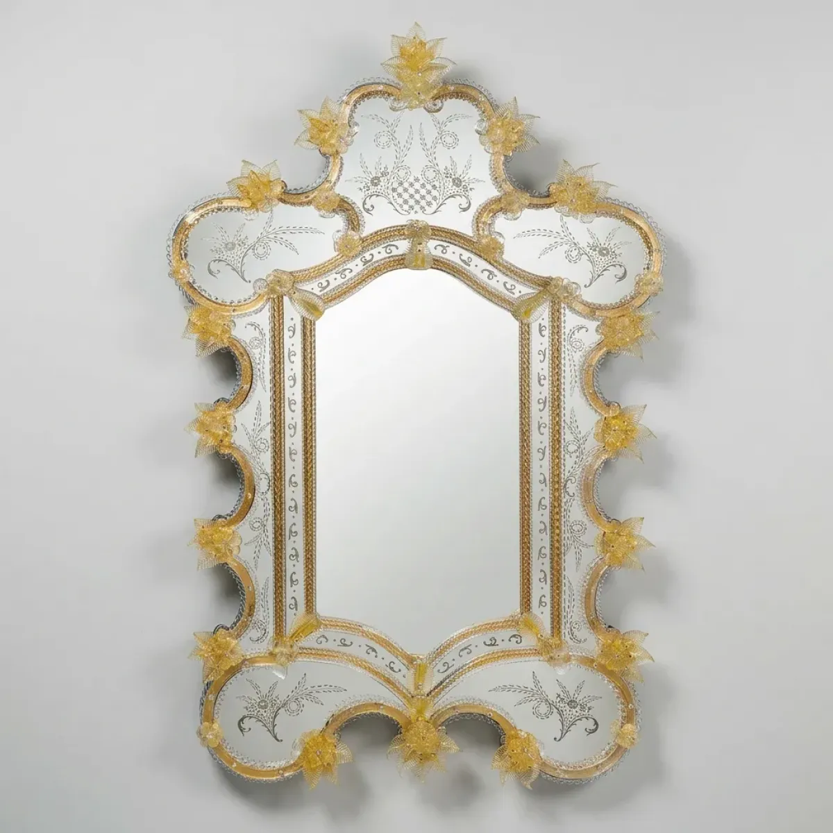 Luxury Venetian Style Baroque Wall Mirror with Champagne Gold Ornate Glass Floral Accents Front View by Luxury Group International