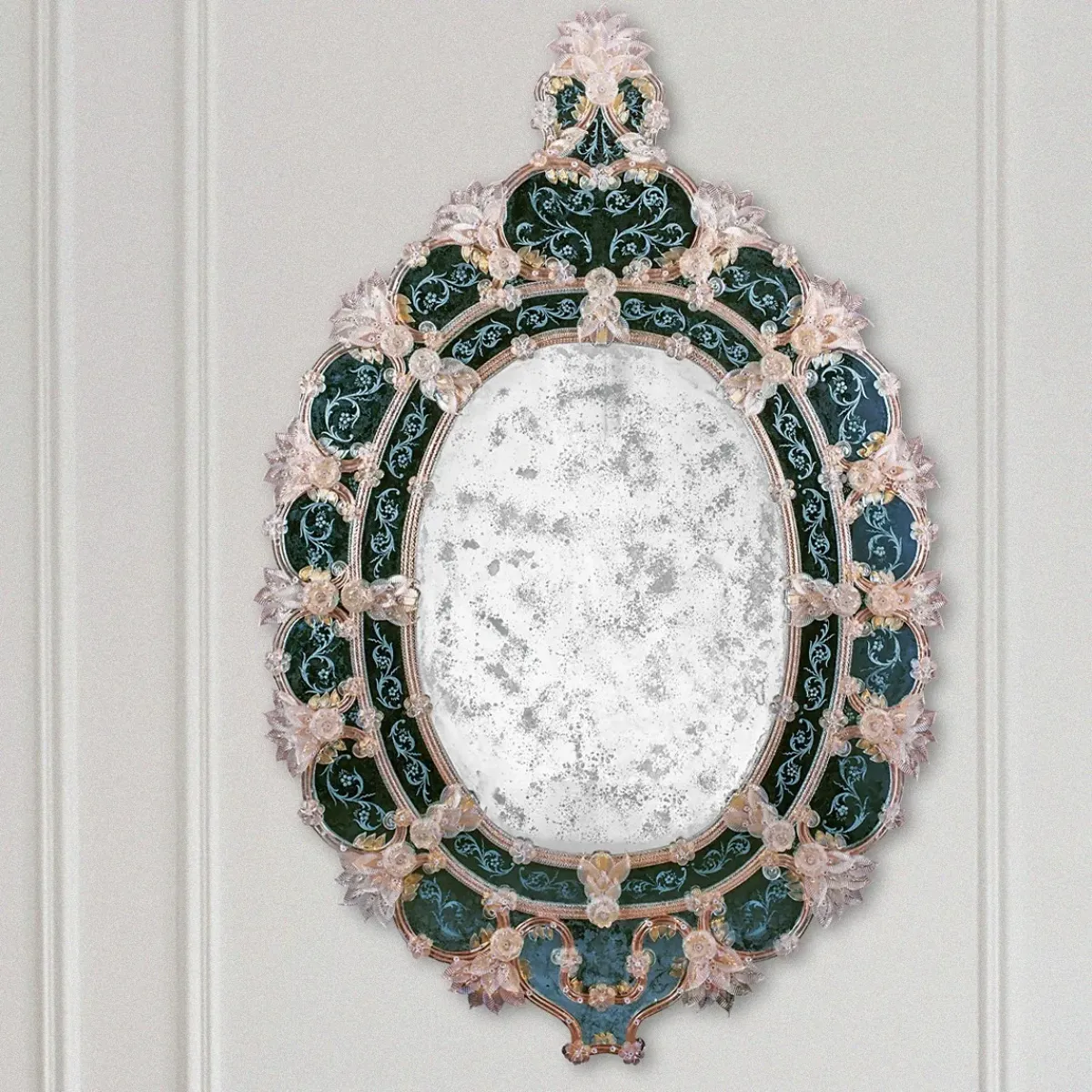 Luxury Venetian Style Baroque Wall Mirror with Emerald Green Ornate Glass Frame Front View by Luxury Group International