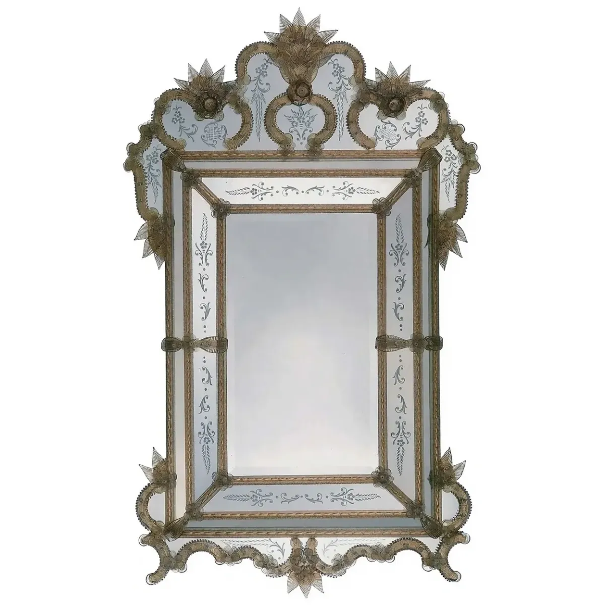 Luxury Venetian Style Baroque Wall Mirror with Ornate Crown Crest in Etched Glass Frame Front View by Luxury Group International