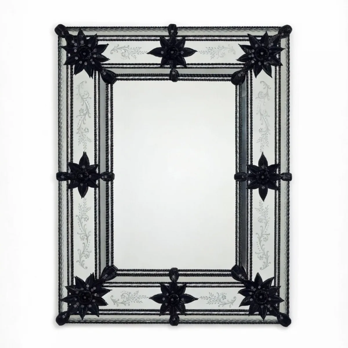 Luxury Venetian Style Black Glass Wall Mirror with Floral Etched Frame & Starburst Accents Front View by Luxury Group International