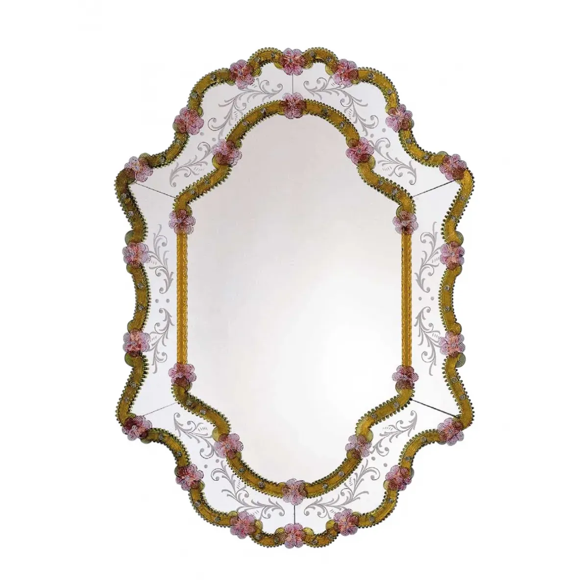 Miroir Mural en Verre Courbé Style Vénitien de Luxe avec Cadre Orné Doré et Décor Floral Rose Vue de face par Luxury Group International