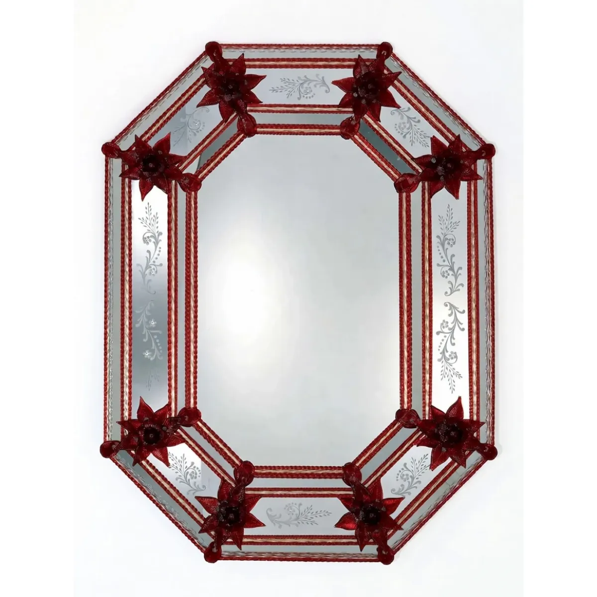 Luxury Venetian Style Octagonal Red Glass Wall Mirror with Floral Etched Frame & Starburst Accents Front View by Luxury Group International