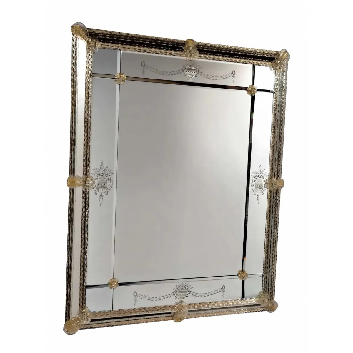 Luxury Venetian Style Rectangular Baroque Glass Wall Mirror with Hand-Etched Floral Detailing Front View by Luxury Group International