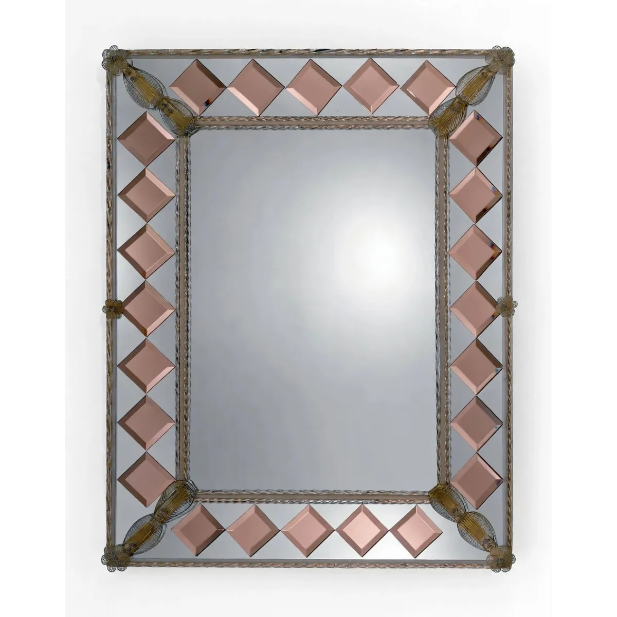 Luxury Venetian Style Rectangular Glass Wall Mirror with Pink Diamond Bevelled Accents Front View by Luxury Group International