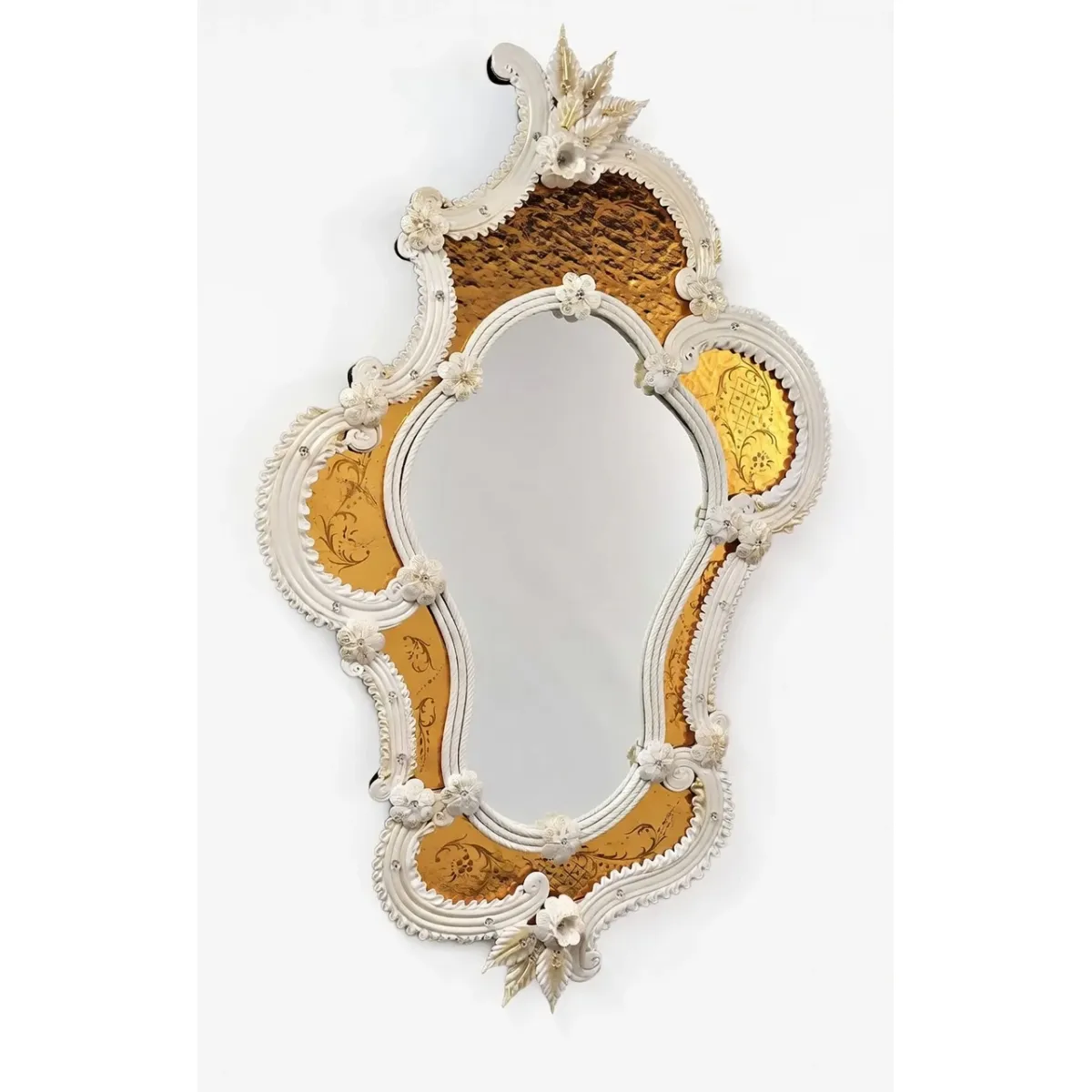 Luxury Wall Mirror in Amber Gold Etched Glass Panels with Sculptural White Baroque Detailing Front View by Luxury Group International