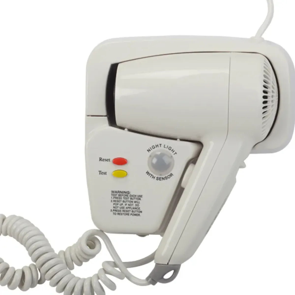 Luxury Wall Mounted Hotel Hair Dryer with Differential Safety Switch & Night Light Sensor Front View by Luxury Group International