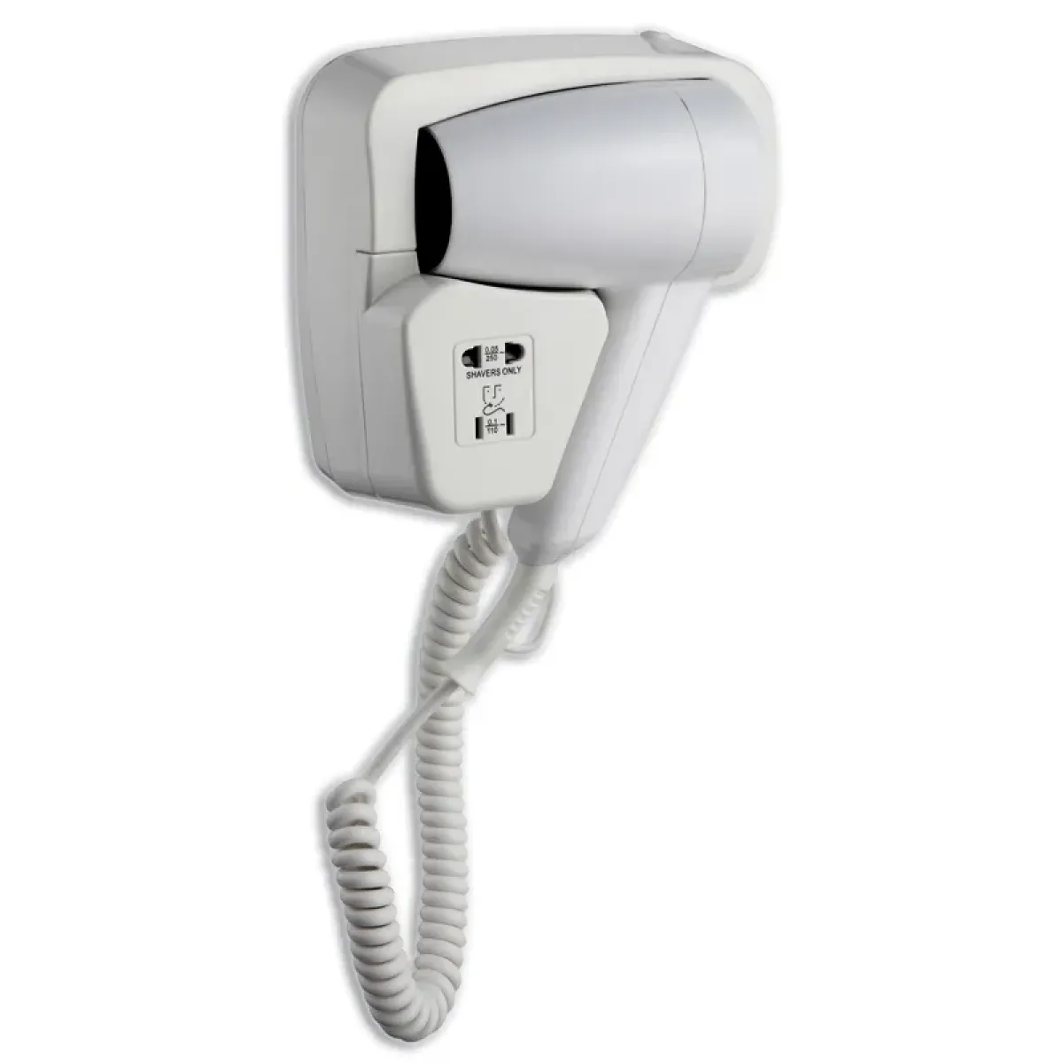 Luxury Wall Mounted Hotel Hair Dryer with Integrated Dual Voltage Shaver Socket Front View by Luxury Group International