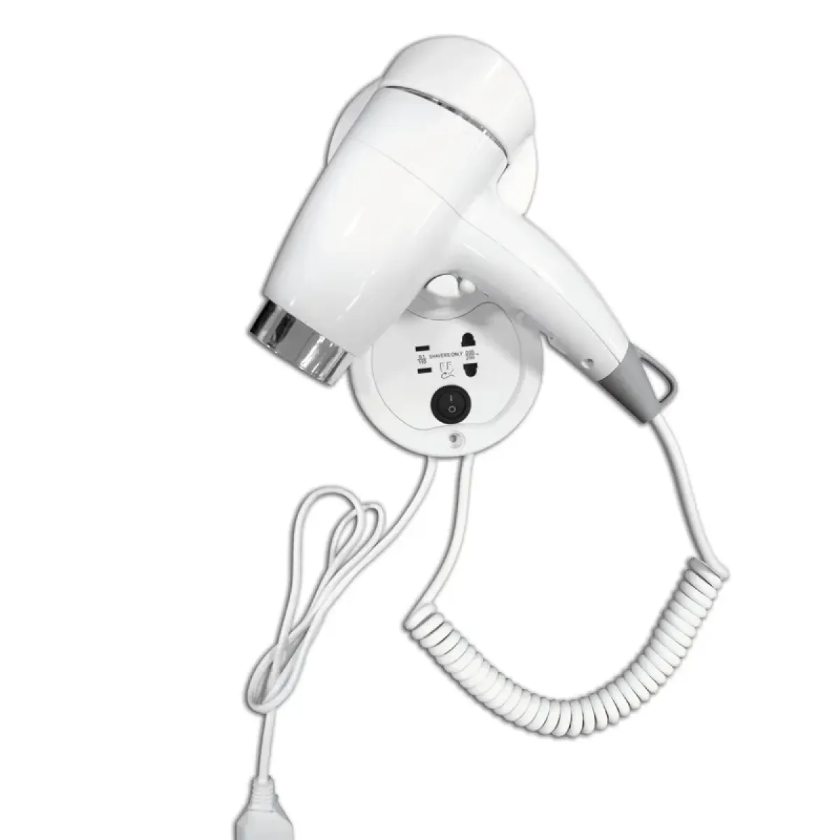 Luxury Wall Mounted Hotel Hair Dryer with Integrated Shaver Socket & IP21 Protection Front View by Luxury Group International