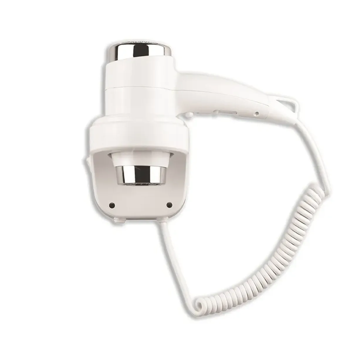 Luxury Wall Mounted Hotel Hair Dryer with Vertical Docking Base in Chrome Finish Front View by Luxury Group International