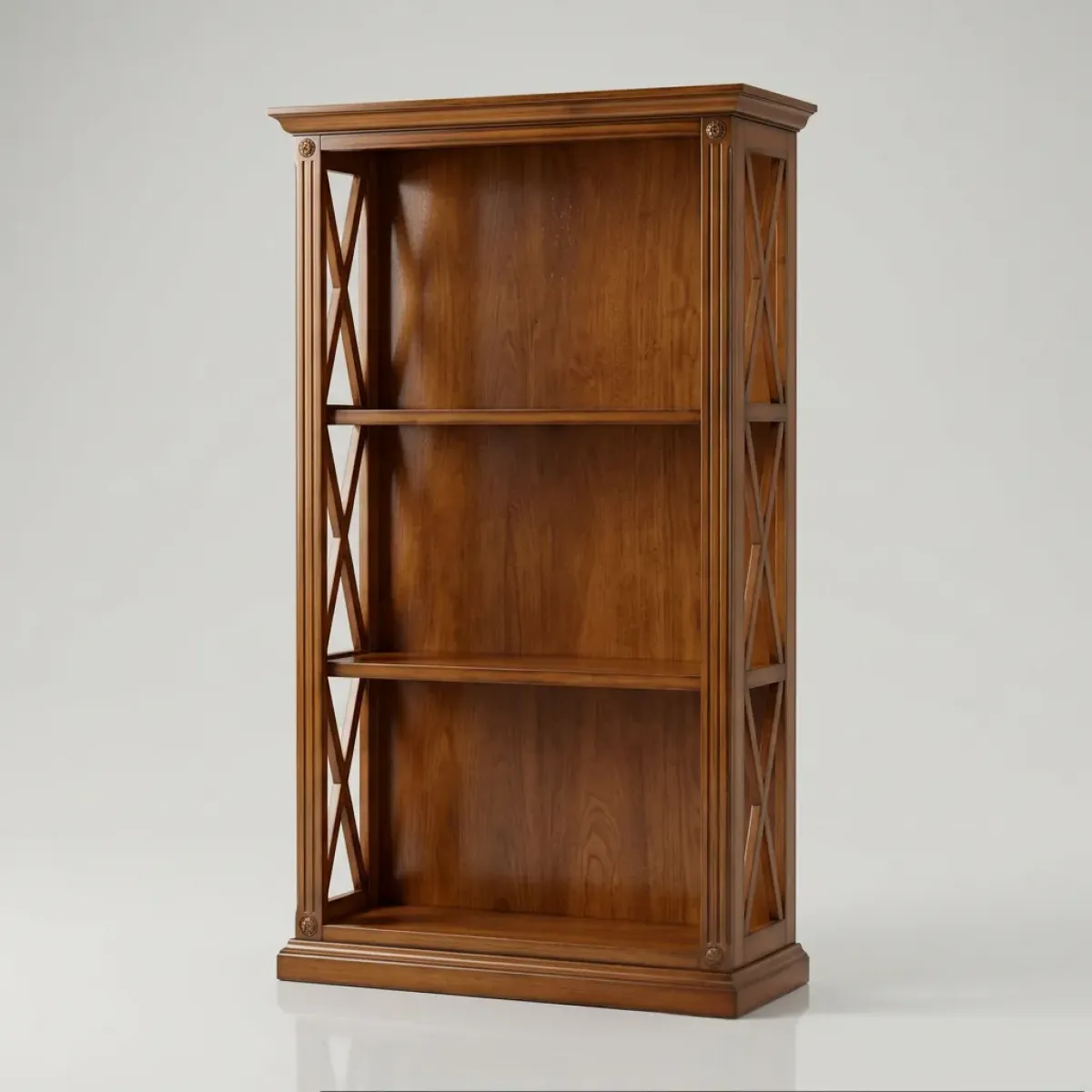 Luxuriöser Holzregalschrank mit Walnuss-Finish und dekorativem Kreuzpaneel-Design Vorderansicht von Luxury Group International