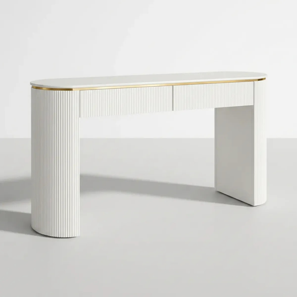 Luxury White Fluted Console Table with Two Push-Pull Drawers in Brushed Gold Accents Front View by Luxury Group International