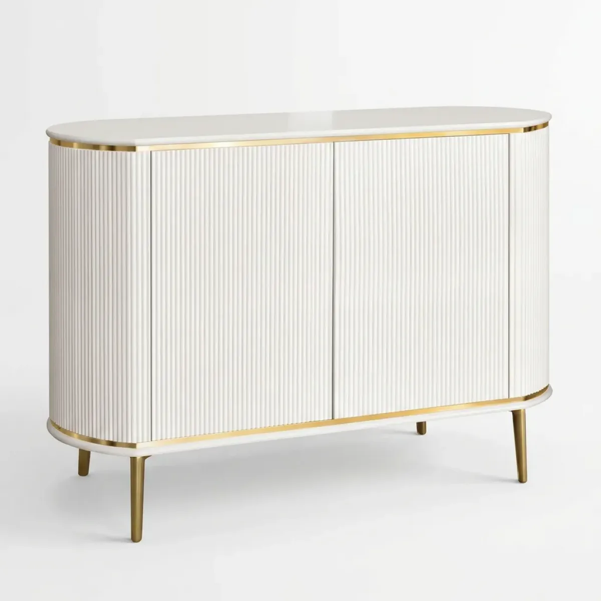 Luxury White Fluted Sideboard with Double Door Storage Cabinet in Brushed Gold Accents Front View by Luxury Group International