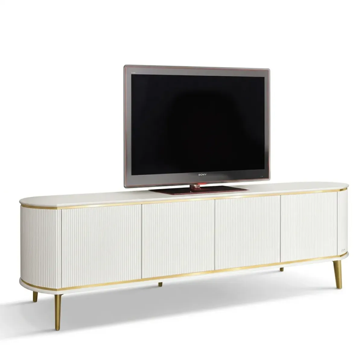 Luxury White Fluted Television Unit with Four Push-Pull Doors in Brushed Gold Accents Front View by Luxury Group International