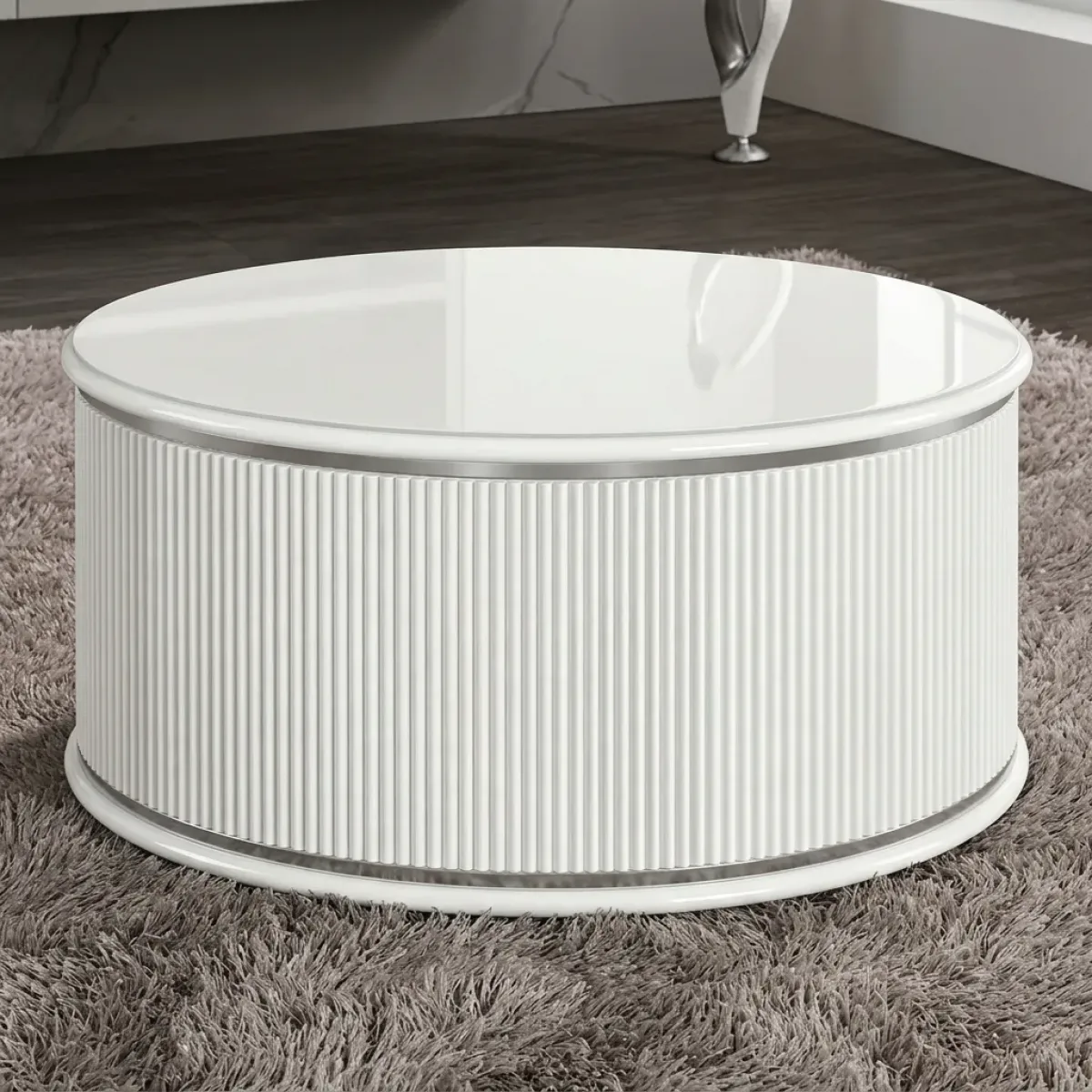 Luxury White Round Coffee Table with Fluted Pedestal Base in Gold & Silver Accent Variations by Luxury Group International