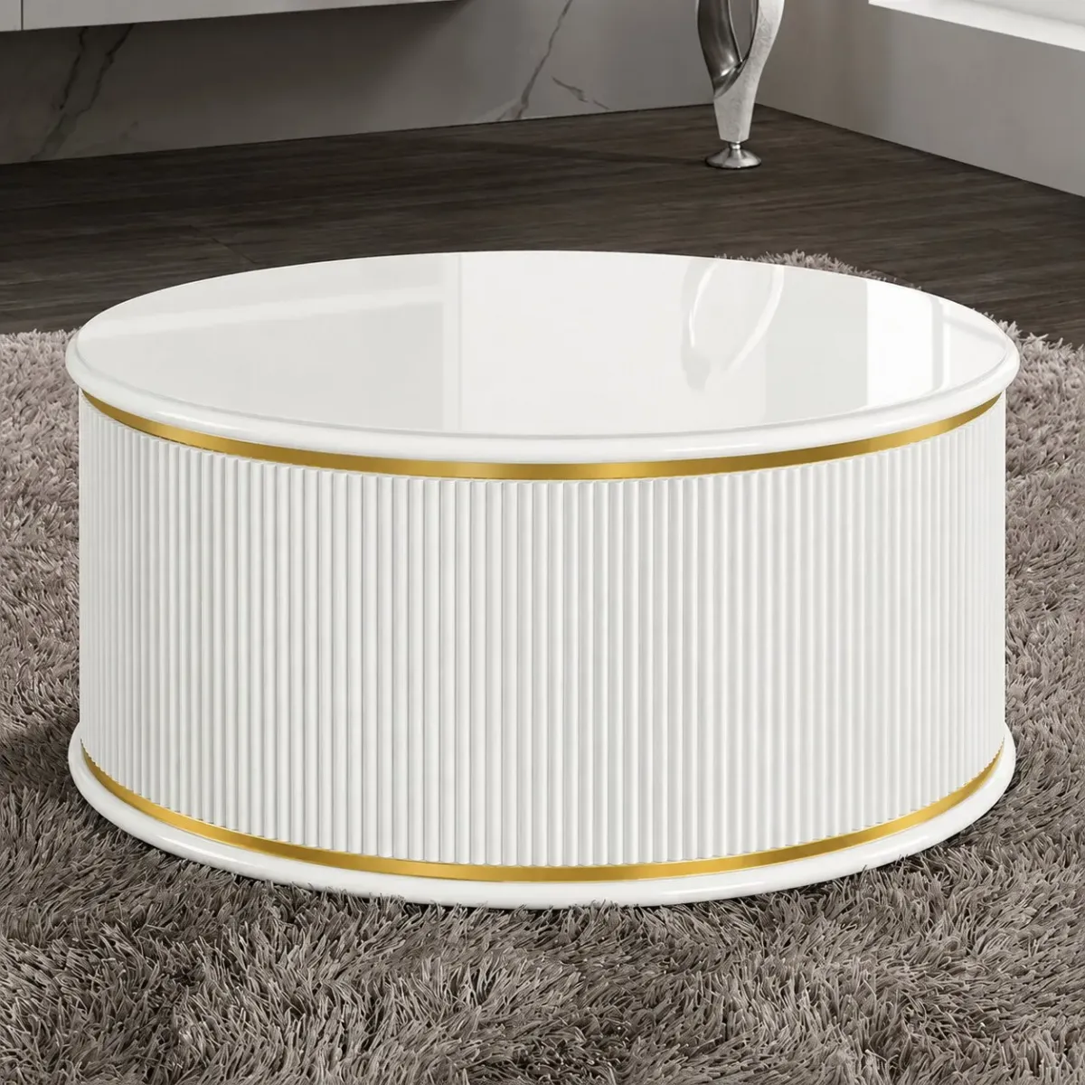 Luxury White Round Coffee Table with Fluted Pedestal Base in Gold & Silver Accent Variations by Luxury Group International