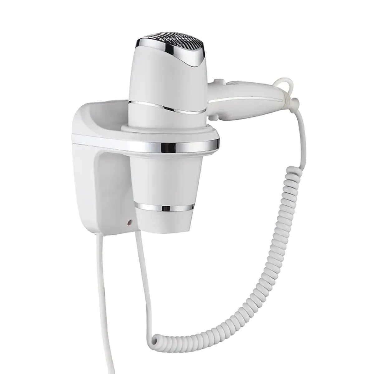 Luxury White Wall Mounted Hotel Hair Dryer with Push-Button Control & Chrome Detailing Front View by Luxury Group International