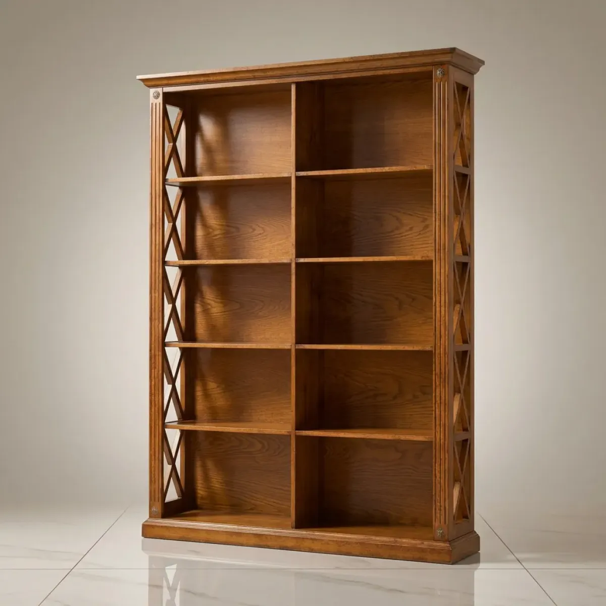 Luxuriöser Holz-Bücherregal mit offenen Display-Regalen und dekorativer Kreuzrahmen-Detailierung Vorderansicht von Luxury Group International