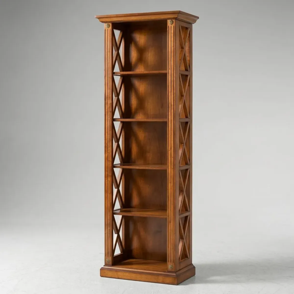 Luxury Wooden Bookcase with Open Shelving and Cross-Shaped Side Panels Front View by Luxury Group International