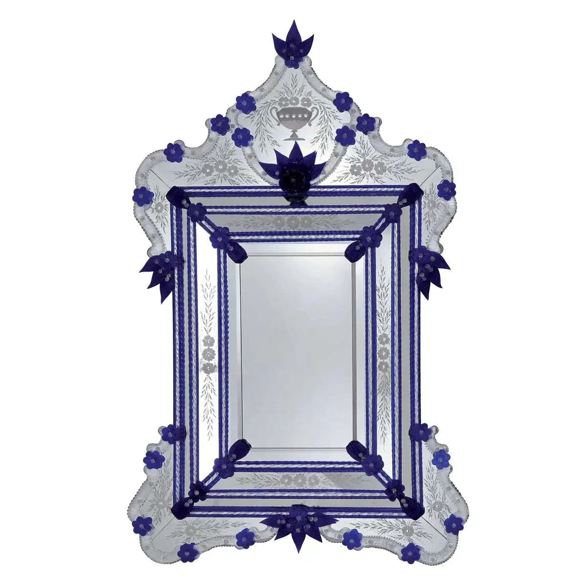 Venetian Style Luxury Glass Wall Mirror with Royal Blue Floral Accents & Ornate Crown Crest Front View by Luxury Group International
