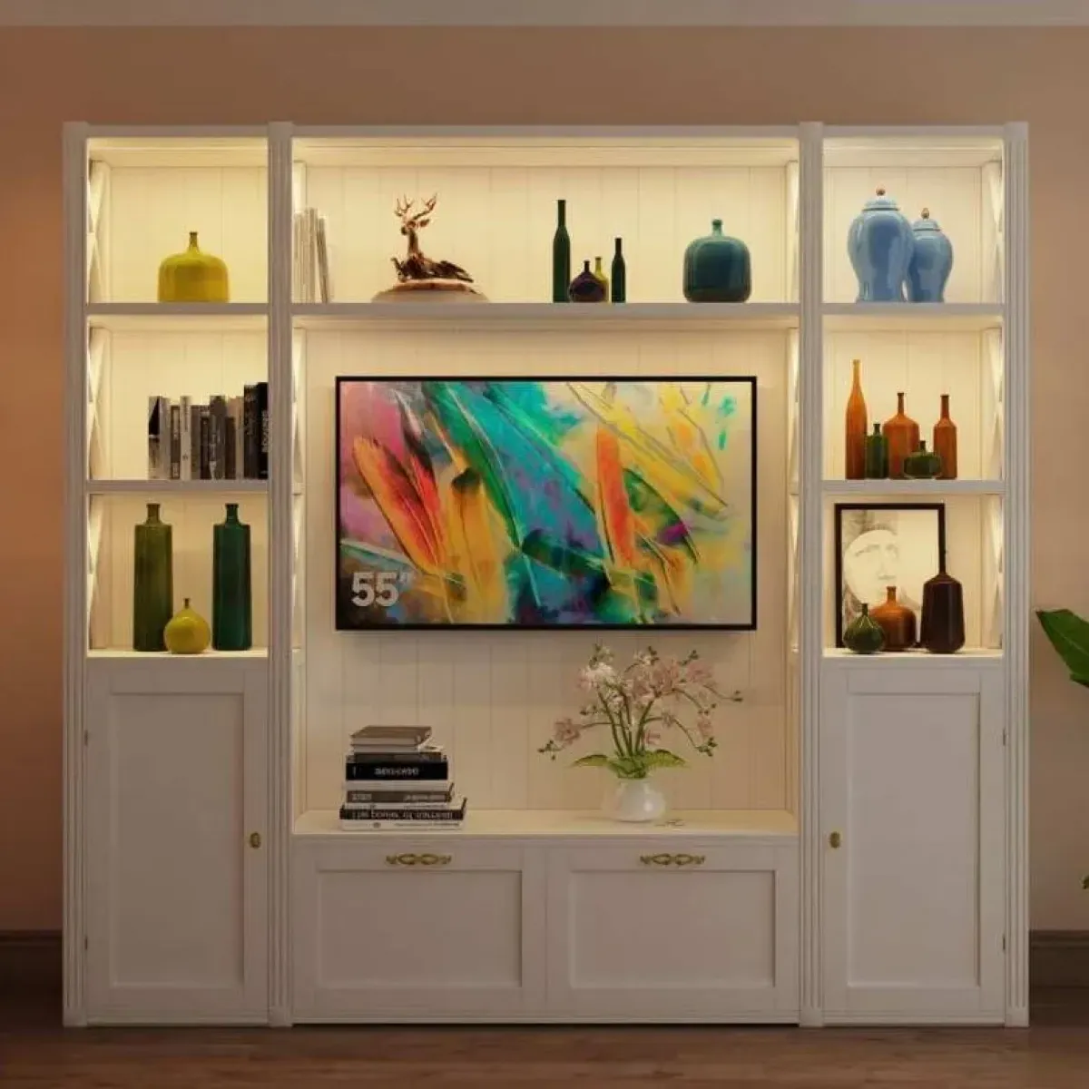 White Luxury Television Unit with LED Backlit Open Display Shelves & Multi-Storage Cabinets Front View by Luxury Group International