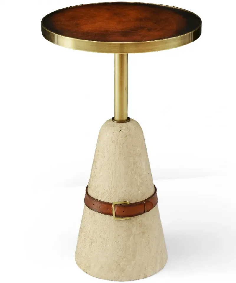 Luxury Round Marble Pedestal Side Table with Wooden Top and Brass Accents - Luxury Side Table Front View by Luxury Group International
