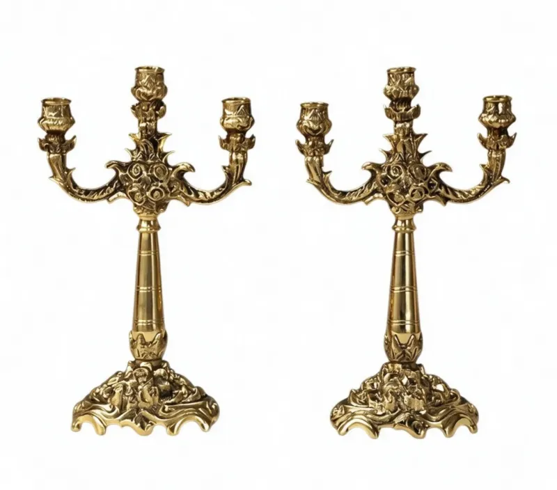 Pair of Luxury Baroque Bronze Three-Light Candle Holders with Sculpted Floral Ornament by Luxury Group International