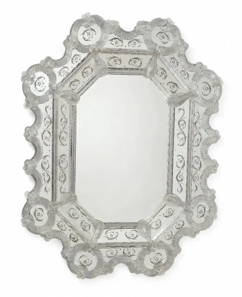 Luxury Silver Baroque Venetian Style Wall Mirror with Hand-Etched Crystal Glass Frame Front View by Luxury Group International