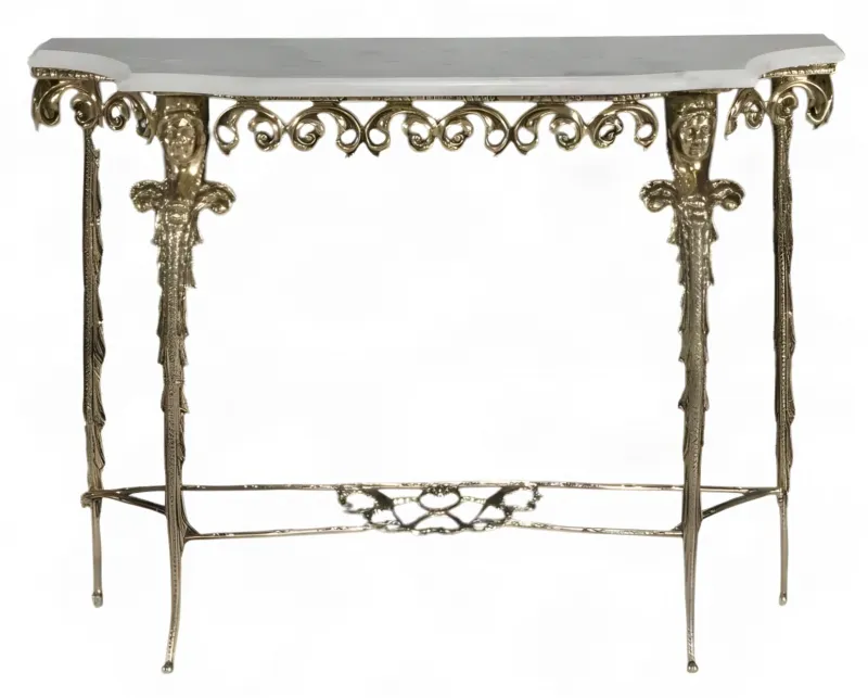 Luxus Barock Konsolentisch mit Marmorplatte, kunstvollen Schnörkeln & skulpturalen Figuren-Details Vorderansicht von Luxury Group International