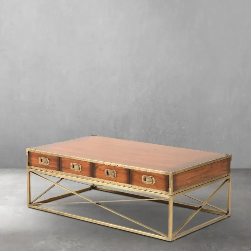 Luxury Wooden Coffee Table with Four Drawer Storage on Geometric Brass Base - Luxury Coffee Table Front View by Luxury Group International