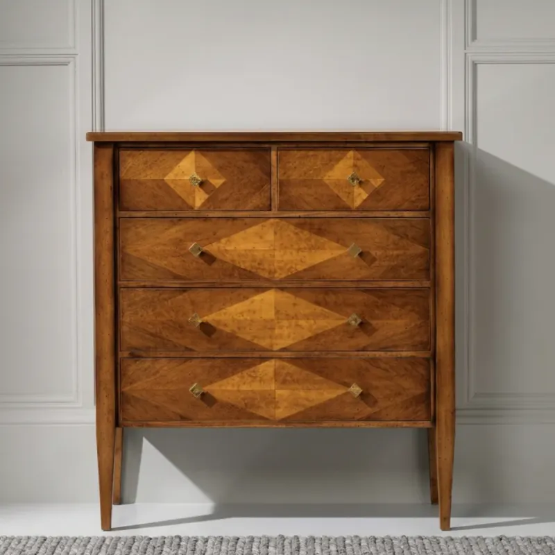 Luxury Wooden Chest of Drawers with Geometric Inlay Pattern & Five-Drawer Storage Cabinet Front View by Luxury Group International