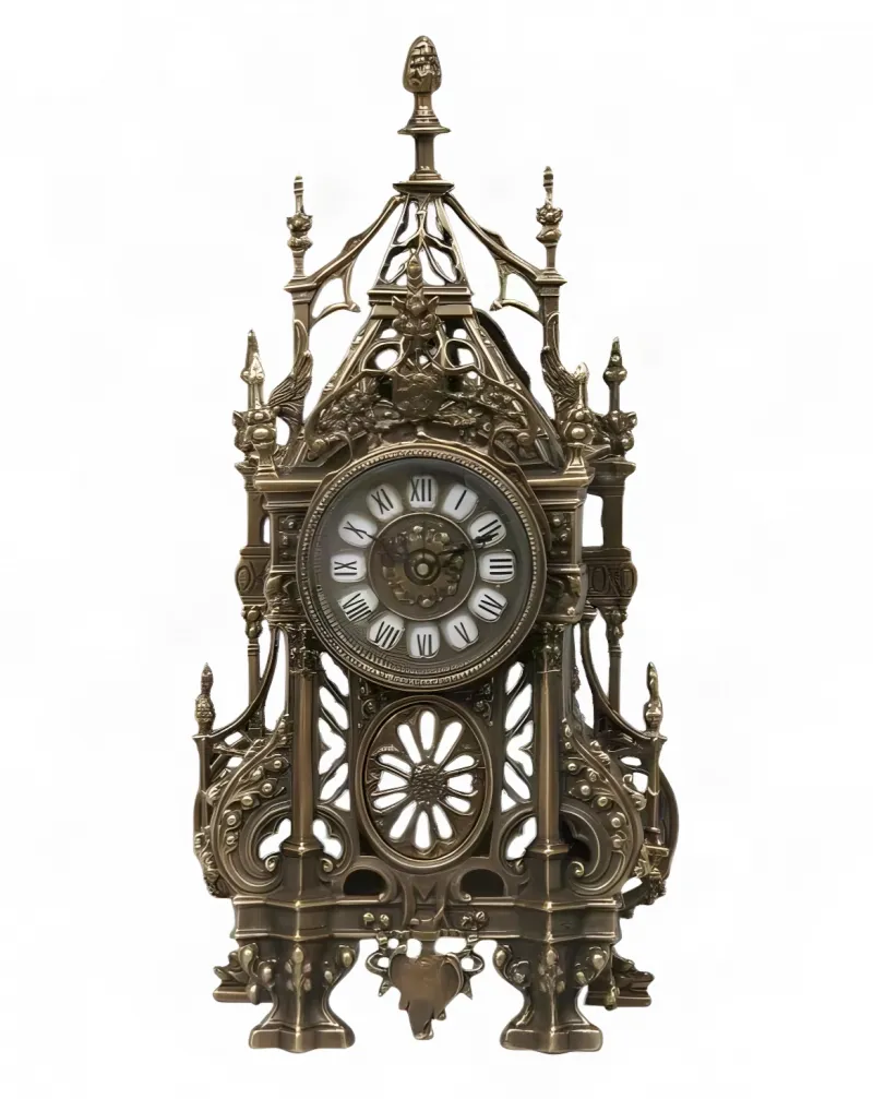 Antique Bronze Luxury Table Clock with Gothic Baroque Spires and Openwork Frame Antique Bronze Luxury Table Clock with Gothic Baroque Spires and Openwork Frame Front View by Luxury Group International