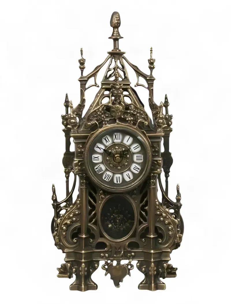 Antique Bronze Luxury Table Clock with Gothic Baroque Spires and Ornate Pendulum Style Panel Antique Bronze Luxury Table Clock with Gothic Baroque Spires and Ornate Pendulum Style Panel Front View by Luxury Group International