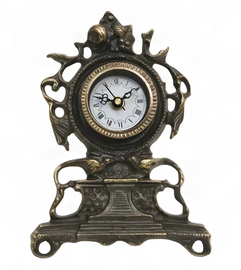 Antique Luxury Bronze Table Clock with Sculpted Floral Crest & Openwork Scroll Base Antique Luxury Bronze Table Clock with Sculpted Floral Crest & Openwork Scroll Base Front View by Luxury Group International